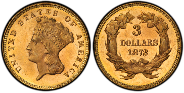1872 Three-Dollar Gold Piece. MS-65+ (PCGS).